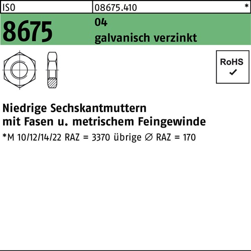 Sechskantmutter ISO 8675 Fasen M39x2 Automatenstahl galv.verz. 10St.