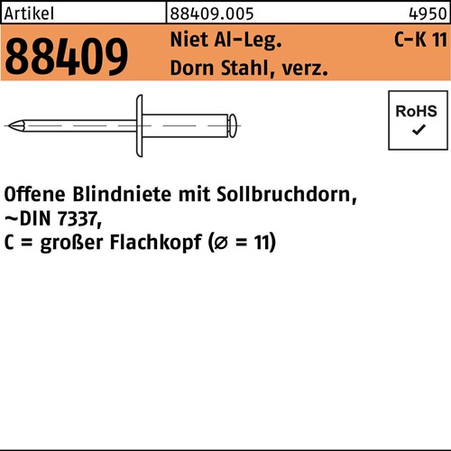 Blindniete R 88409 großer FLAKO 5x25 D.11mm Niet Alu/Dorn Stahl verz. 250St.