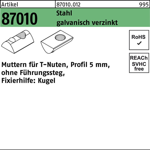 T-Nutenmutter R 87010 o.Führungssteg 5mm M4 Stahl galv.verz. 100 Stück