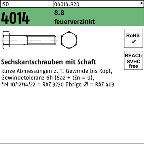 Sechskantschraube ISO 4014 Schaft M10x 80 8.8 feuerverz. 100 Stück