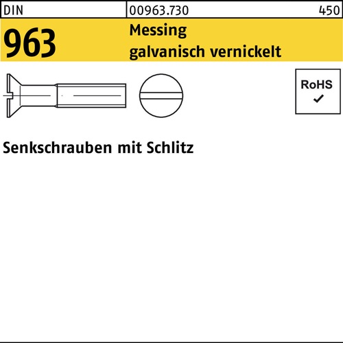 Senkschraube DIN 963 Schlitz M6x 20 Messing galv. vernickelt 200 Stück