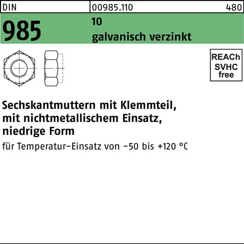 Sechskantmutter DIN 985 Klemmteil M20 10 galv.verz. 50 Stück