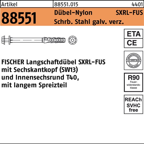 Langschaftdübel R 88551 SXRL 10x180 FUS Schr.Sta verz./Dübel-Nylon 50St. FISCHER