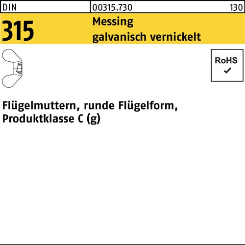 Flügelmutter DIN 315 runde FormM8 Messing galv. vernickelt 100 Stück