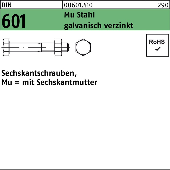 Sechskantschraube DIN 601 Sechskantmutter M6x20 Mu Stahl 4.6 galv.verz. 500St.