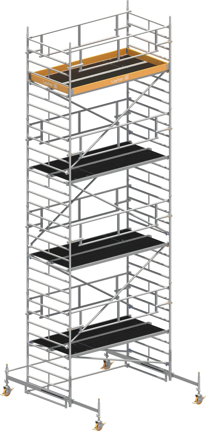 Layher Fahrgerüst Uni Breit P2 SAFETY PLUS mit Doppelgeländer Typ: 1422107 | SH: 7,38 m / AH: 9,38 m