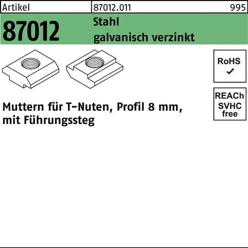 T-Nutenmutter R 87012 Führungssteg 8mm M8 Stahl galv.verz. 100 Stück