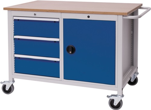 Werkbank B1250xT750xH935mm Buche Multiplex 3 Schubladen 1 Tür