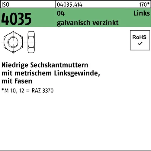 Sechskantmutter ISO 4035 niedrig Fasen links M12 Automatenstahl galv.verz. 100St