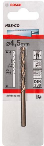 Bosch Metallbohrer HSS-Co DIN338 Arbeits-L.47mm D.4,5mm L.80mm