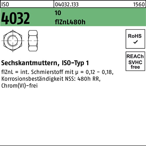 Sechskantmutter ISO 4032 M6 17 zinklamellenb. 1000 Stück