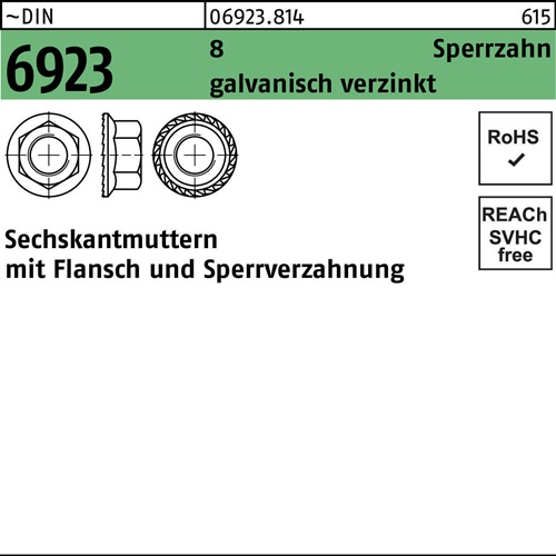 Sechskantmutter DIN 6923 Flansch/Sperrverzahnung M10 8 galv.verz. 500 Stück