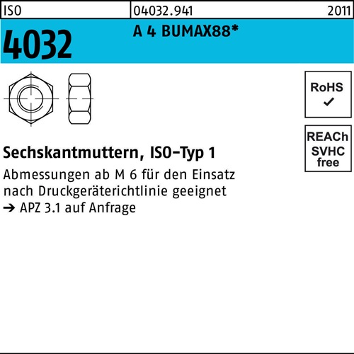 Sechskantmutter ISO 4032 M6 A 4 BUMAX88 100 Stück BUFAB