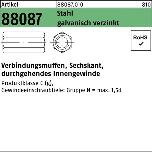Sechskantverbindungsmuffe R 88087 M20x50 SW30 durchg.IG Stahl gal Zn 25St.