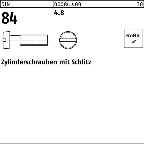 Zylinderschraube DIN 84/ISO 1207 Schlitz M6x 70 4.8 200 Stück