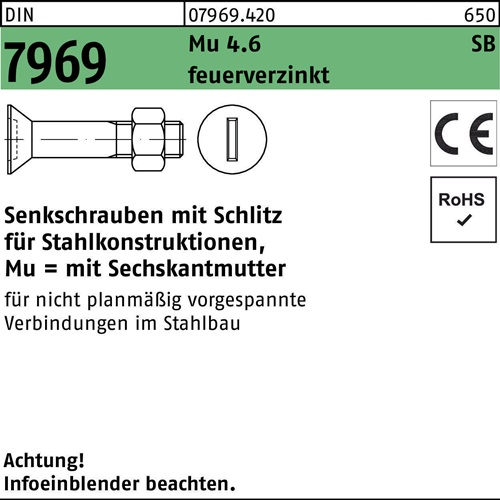 Senkschraube DIN 7969 U/CE Schlitz/Mutter M12x 35 4.6 feuerverz. 100St.