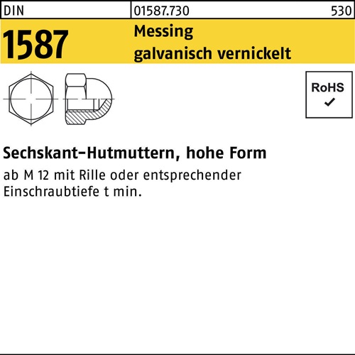 Sechskanthutmutter DIN 1587 M3 Messing galv. vernickelt 100 Stück