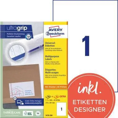 Avery Zweckform Etikett 3478-200 210x297mm weiß 220 St./Pack.