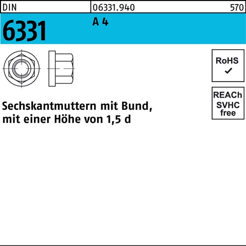 Sechskantmutter DIN 6331 Bund M20 SW 30 A 4 10 Stück