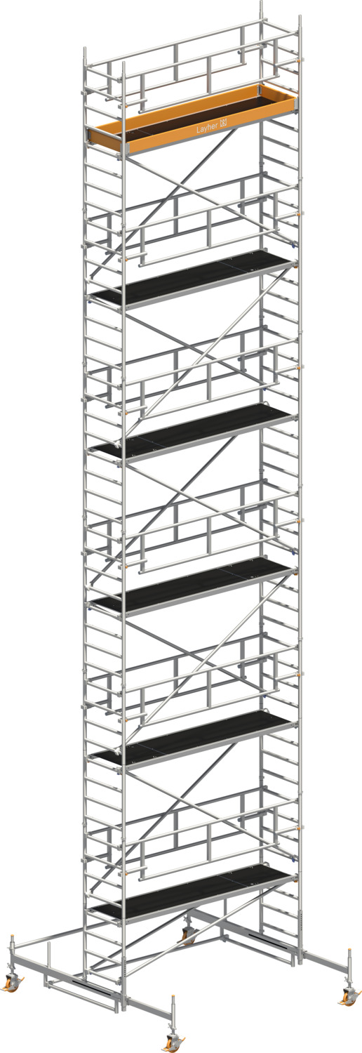 Layher Fahrgerüst Uni Standard P2 SAFETY PLUS mit Doppelgeländer Typ: 1421111 | SH: 11,38 m / AH: 13,38 m