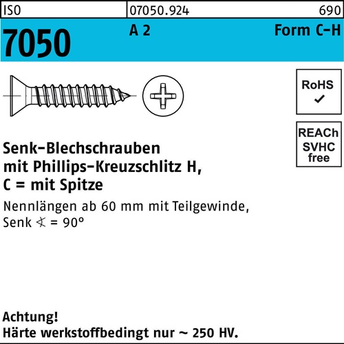 Blechschraube ISO 7050 SEKO Spitze/PH 3,5x 60 -C-H A 2 500 Stück