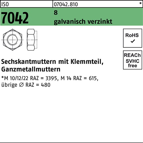Sechskantmutter ISO 7042 Klemmteil M36 8 galv.verz. 10 Stück