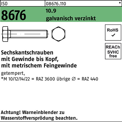 Sechskantschraube ISO 8676 VG M12x1,5x 40 10.9 galv.verz. 100 Stück