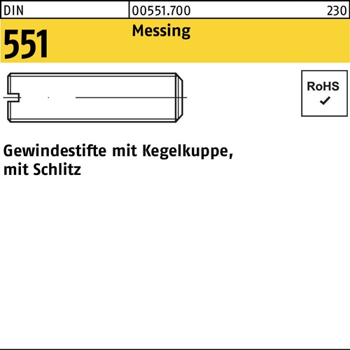 Gewindestift DIN 551 Kegelkuppe/Schlitz M8x 45 Messing 100 Stück