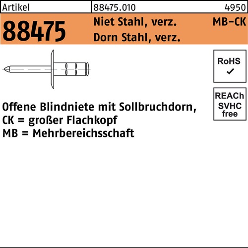 Blindniete R 88474 FLAKO 4,8x15 K16 Niet Sta verz./Dorn Sta verz. 250St. GESIPA