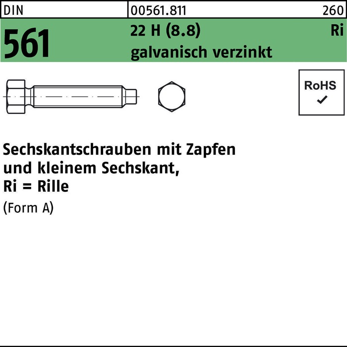 Sechskantschraube DIN 561 m.Zapfen AM 24 x 50 22 H (8.8)galv.verz. 10 Stück