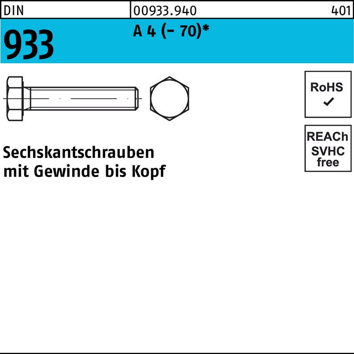 Sechskantschraube DIN 933 VG M10x 50 A 4 (- 70) 100 Stück