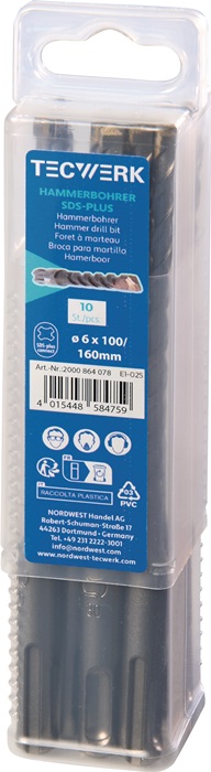 Hammerbohrer Großpackung D.6,0mm Arbeits-L.100mm L.160mm SDS-plus 10 St.TECWERK