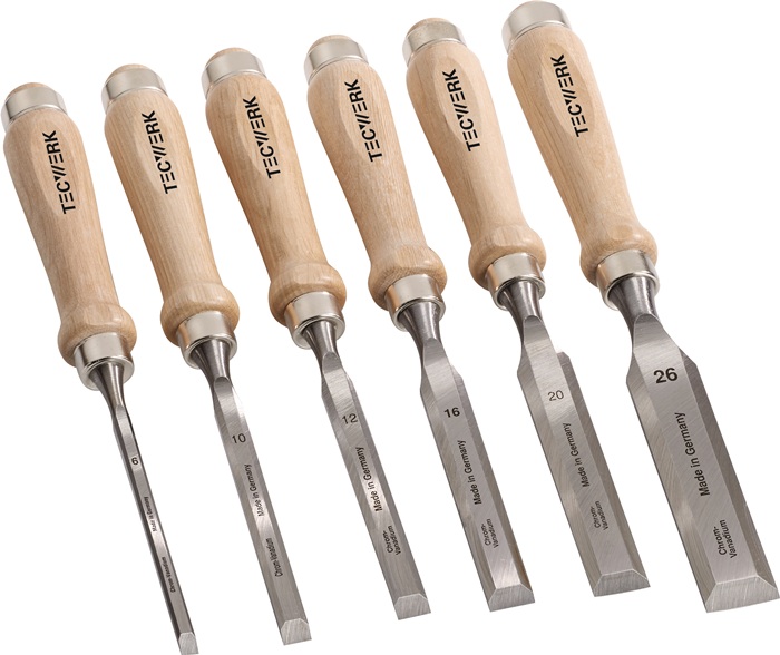 Stechbeitelsatz 6,10,12,16,20,26mm Weißbuchenh.Ulmer Form 6-tlg.Krt.TECWERK