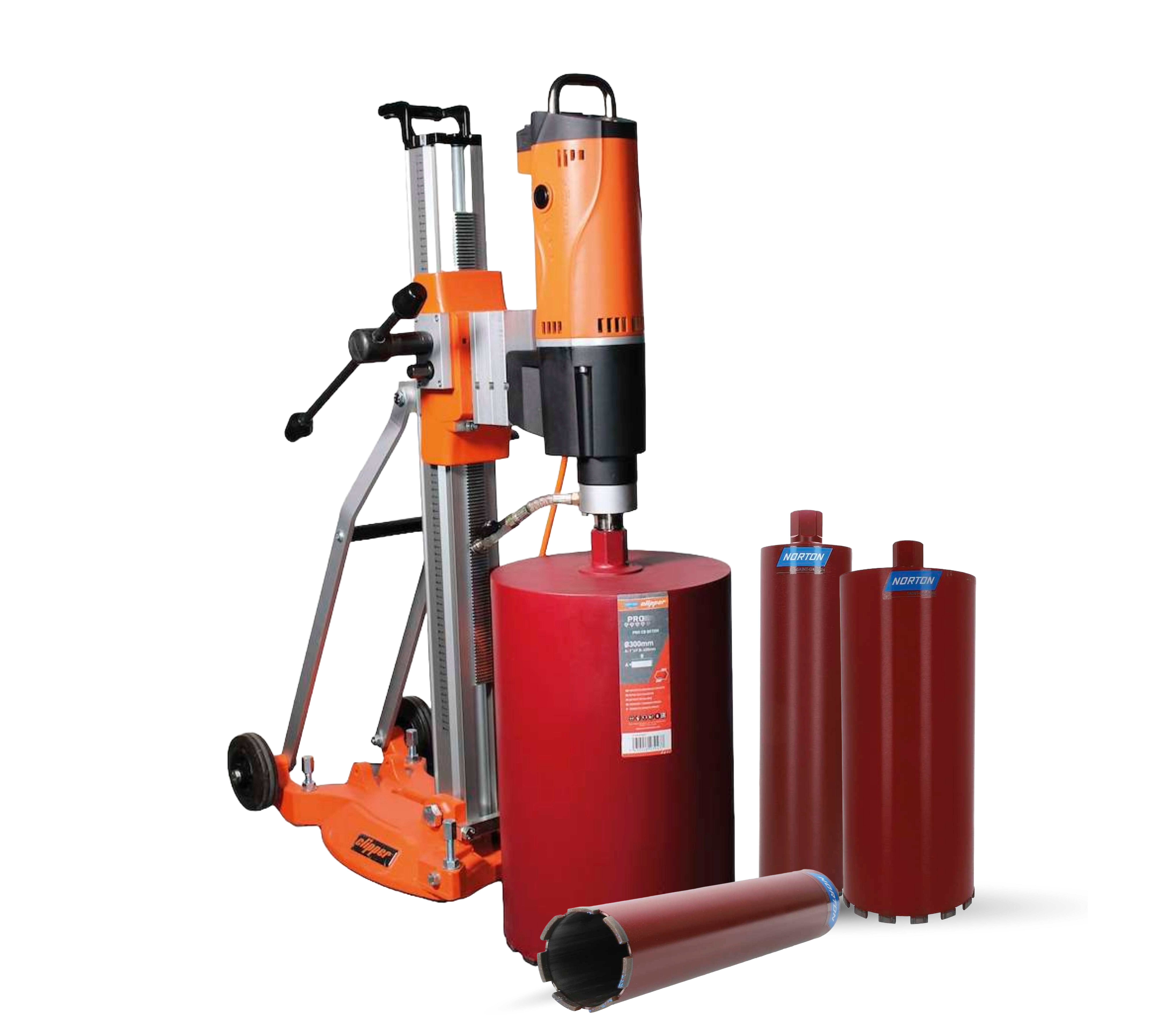 Norton Clipper Kernbohr-Komplettmodell Bohrständer CDR 353 inkl. Bohrmotor CDM 354 + 3 Bohrkronen Classic CB Beton