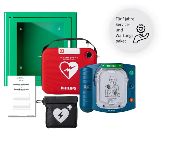 AED360-ProCardio Komplettpaket: Philips HS1 Defibrillator + Wandkasten + 5-Jahres-Servicepaket