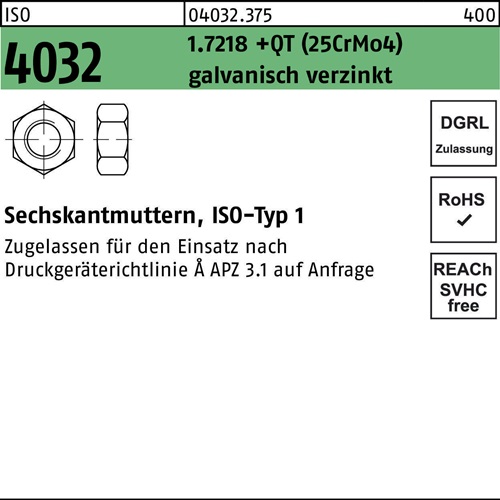 Sechskantmutter ISO 4032 M24 1.7218 +QT (25CrMo4) galv.verz. 50 Stück