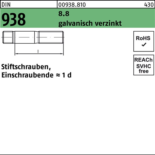Stiftschraube DIN 938 M24x 80 8.8 galv.verz. 1 Stück