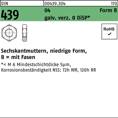 Sechskantmutter DIN 439 FormB BM 5 Automatenstahl galv.verz. 8 DiSP 1000St.