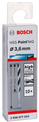 Bosch Metallspiralbohrer PointTeQ DIN388 Arbeits-L.39mm D.3,6mm Typ N 10St.