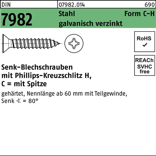Senkblechschraube DIN 7982 PH/Spitze C 3,9x32-H Stahl galv.verz. 500St.
