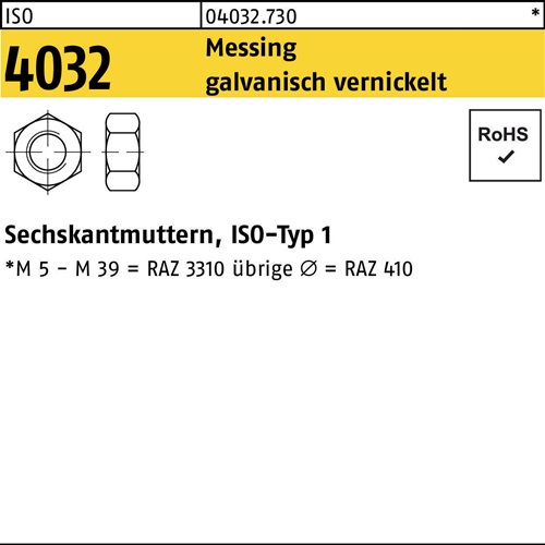 Sechskantmutter ISO 4032 M16 Messing galv. vernickelt 250 Stück