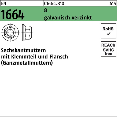 Sechskantmutter EN 1664 Klemmteil/Flansch M16 8 galv.verz. 100 Stück