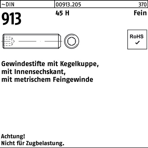 Gewindestift DIN 913 Kegelkuppe/Innen-6kt M12x1,5x30 45 H Feingew. 100St.