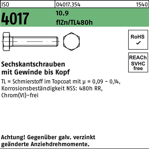 Sechskantschraube ISO 4017 VG M8x50 10.9 flZnnc 480h-L 200St.