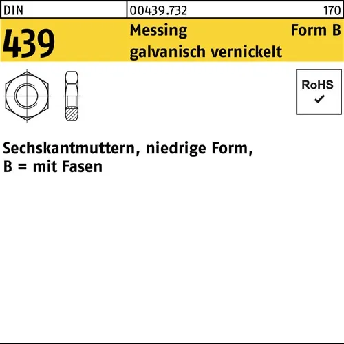 Sechskantmutter DIN 439/ISO 4035 FormB BM 4 Messing galv. vernickelt 100St.