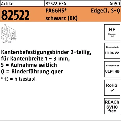 Befestigungsbinder R 82522 Edgecl. 4,6x200/45 PA66HS sw SQ 500St HELLERMANNTYTON