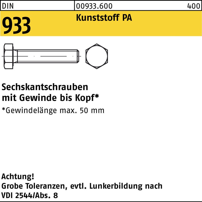 Sechskantschraube DIN 933 VG M4x 20 Polyamid natur 200 Stück