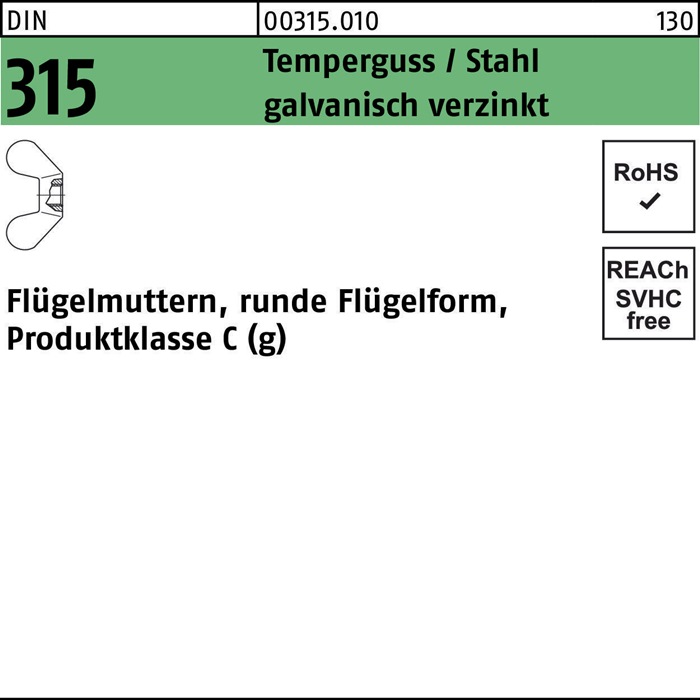 Flügelmutter DIN 315 runde FormM6 Temperguss/Stahl galv.verz. 100St.