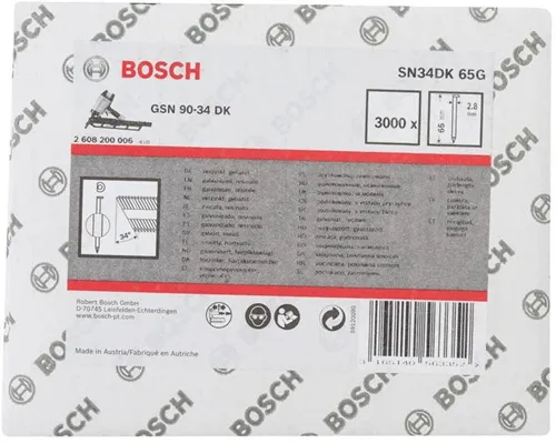Bosch Streifennagel SN34DK 65G 3000-tlg.Schaft-D.2,8mm L.65mm D-Kopf verzinkt glatt