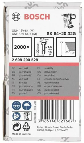 Bosch Senkkopfstift SK64-20 G 2000-tlg.LxBxD.32x2,8x1,35mm verzinkt Drahtmaß 1,6mm